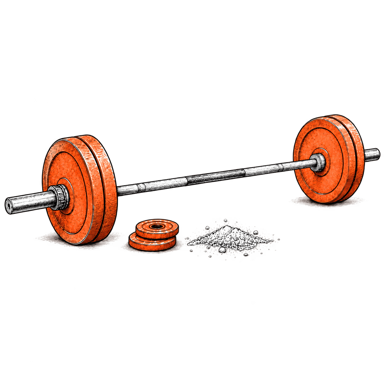 Ink sketch of a barbell with orange plates, two small fractional plates and a dusting of chalk