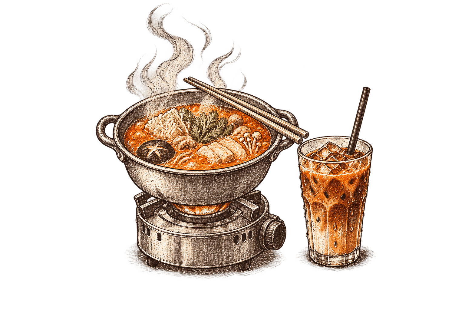 Ink sketch of a steaming hotpot on a burner beside a glass of iced coffee